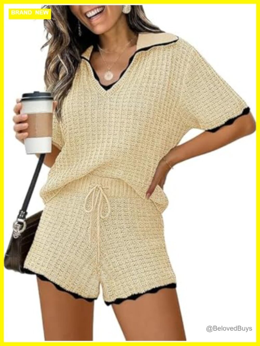 Womens 2 Piece Sweater Set V Neck Short Sleeve Knit Top with Shorts Lounge